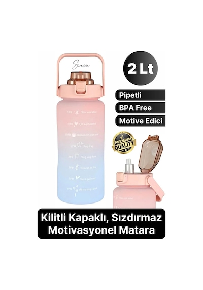Premium 2 Lt Pipetli Kilitli Sızdırmaz Kapaklı Tutma Saplı Motivasyon Suluk Matara Sporcu Su Şişesi