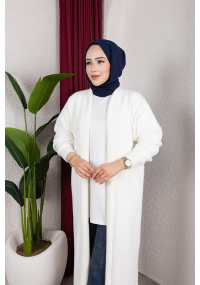Hira Life Fashion Kadın Şal Yaka Uzun Triko Ve Sakallı Tüylü Hırka Krem Krem