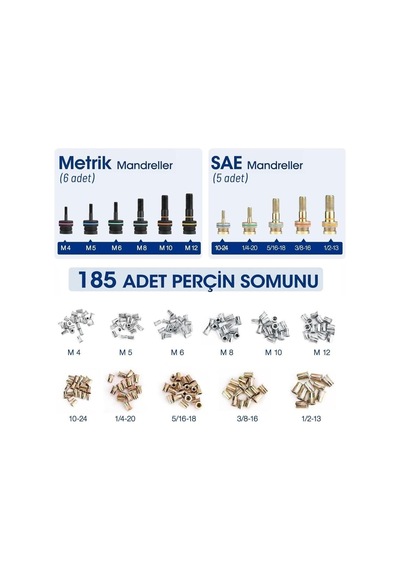 Workpro Wp200532 400 Mm Ağır Hizmet Kollu Somun Perçinleme Tabancası + 185 Parça Somun Perçin Seti
