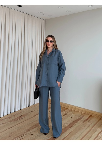 Laluvia Antrasit Tensel Gömlek Bluz Pantolon Takım - 7310
