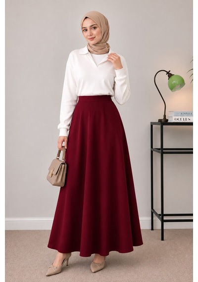 Unika Boutique Kadın Scuba Beli Lastikli Kloş Etek Bordo