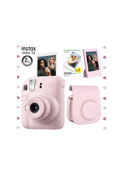 Fujifilm Instax Mini 12 Fotoğraf Makinesi + 20'li Film + Çerçeve + Deri Kılıf Seti Pembe