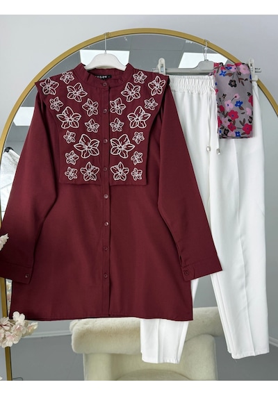 Lovie Moda Kadın Beyaz Pantolonlu Takım - Bordo