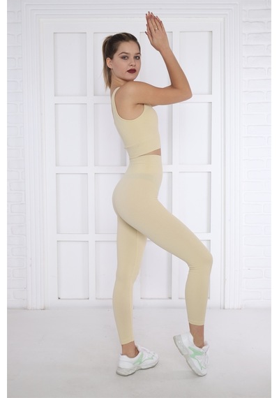 Escetic Kadın Spor Bej Toparlayıcı, Yüksek Bel Fitnes Bra Şort-tayt Takım-4314 - Xs