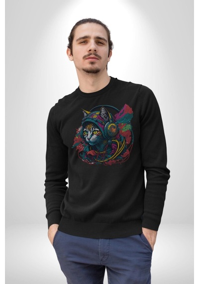 Kulaklık Kedi Müzik Tekir Unisex Siyah Baskılı Sweatshirt Siyah