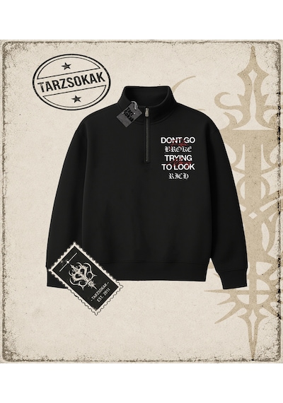 Tarzsokak Gotik & Grunge Streetwear Fake Flex 1 Yarım Fermuarlı Sweatshirt Siyah