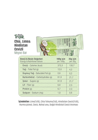 Chia, Lime Ve Hindistan Cevizli Aromalı Meyve Bar 35 G Meyve İçeren Pratik Atıştırmalık 3 Adet