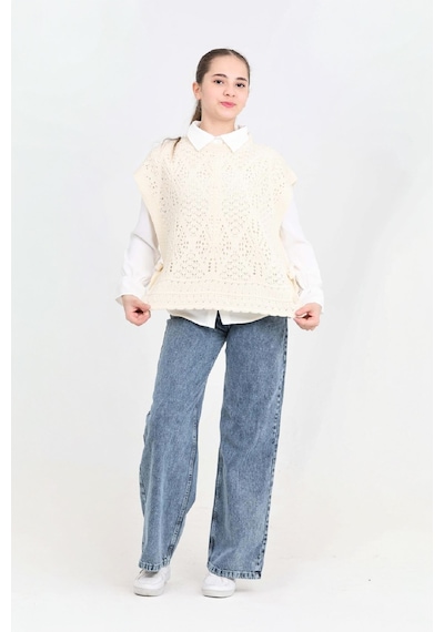 Modanino Kız Çocuk 3'lü Jean Takım Pantolon+gömlek+triko Yelek 5-15 Yaş 12545 Beyaz