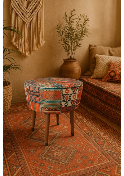 Ustaagac Puf Koltuk Bench Tabure Anadolu Kilim Motif - Ahşap Ayaklı Ceviz