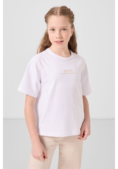 Tommylife Beyaz-bej O Yaka Baskılı Geniş Paça Standart Fit Kız Çocuk Palazzo Eşofman Takım - 75171 Beyaz/bej Beyaz - Bej