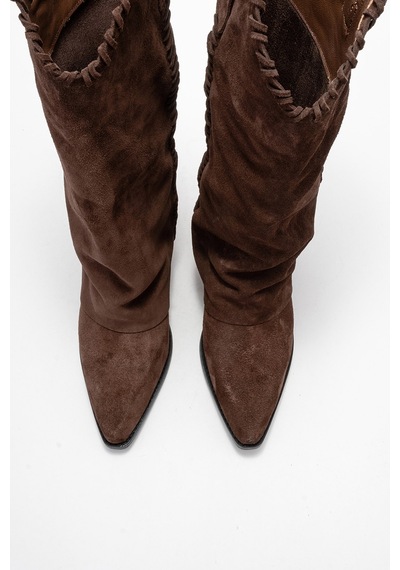 Luvishoes Velın Kahverengi Süet Hakiki Deri Dikişli Kadın Western Çizme Kahverengi