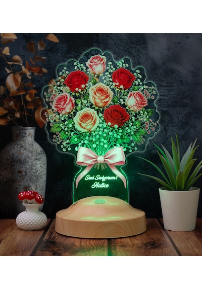 Kırmızı Ve Pembe Gül Buketi Led Lamba Kişiye Özel Sevgili, Eş Ve Yıldönümü Hediyesi