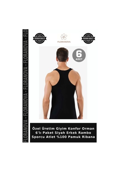 Floranova Özel Üretim Giyim Konfor Orman 6'lı Paket Siyah Erkek Rambo Sporcu Atlet %100 Pamuk Ribana