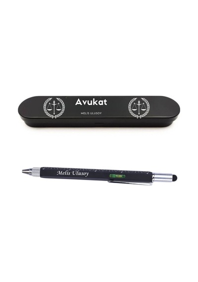 Avukat İçin Kişiye Özel Hediye Seti - Su Terazili, Cetvelli Teknik Kalem Ve Şık Metal Kutulu Siyah