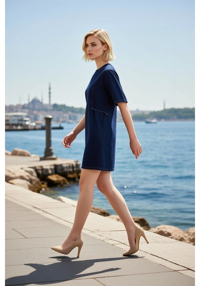 Benerly Kadın Mini Elbise A Kesim Bisiklet Yaka Kısa Kol Düz Desen Denim Mavi