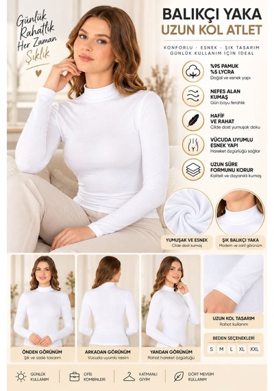 Kadın Balıkçı Yaka Uzun Kol Atlet Beyaz Esnek Kumaş, Vücuda Oturan Basic Body - Ryl - 2612 Xl