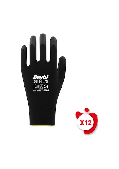 Beybi PU Touch Siyah Poliüretan Kaplı Polyester Örme Nitril İş Eldiveni 7 Beden 12 Çift
