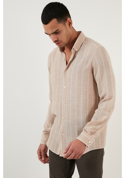 Buratti Pamuklu Çizgili Regular Fit Düğmeli Yaka Erkek Gömlek Cf21S112480 Taş-Beyaz