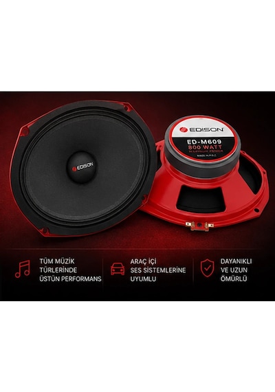 Edison Ed-m609 6x9 Oval Midrange Hoparlör 800w Max 120 Rms 1.3" Ses Bobini Oto Ses Sistemi