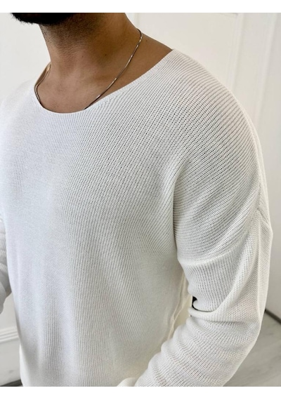 Kazak Oversize Örme Natural Pamuk Tüylenmeyen Kazak Salaş Tarz Triko Sweatshirt Beyaz