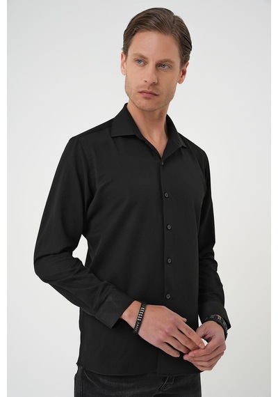 Efor Slim Fit Dokulu Erkek Yaka Pamuklu Klasik Siyah Gömlek Gk 740 Siyah