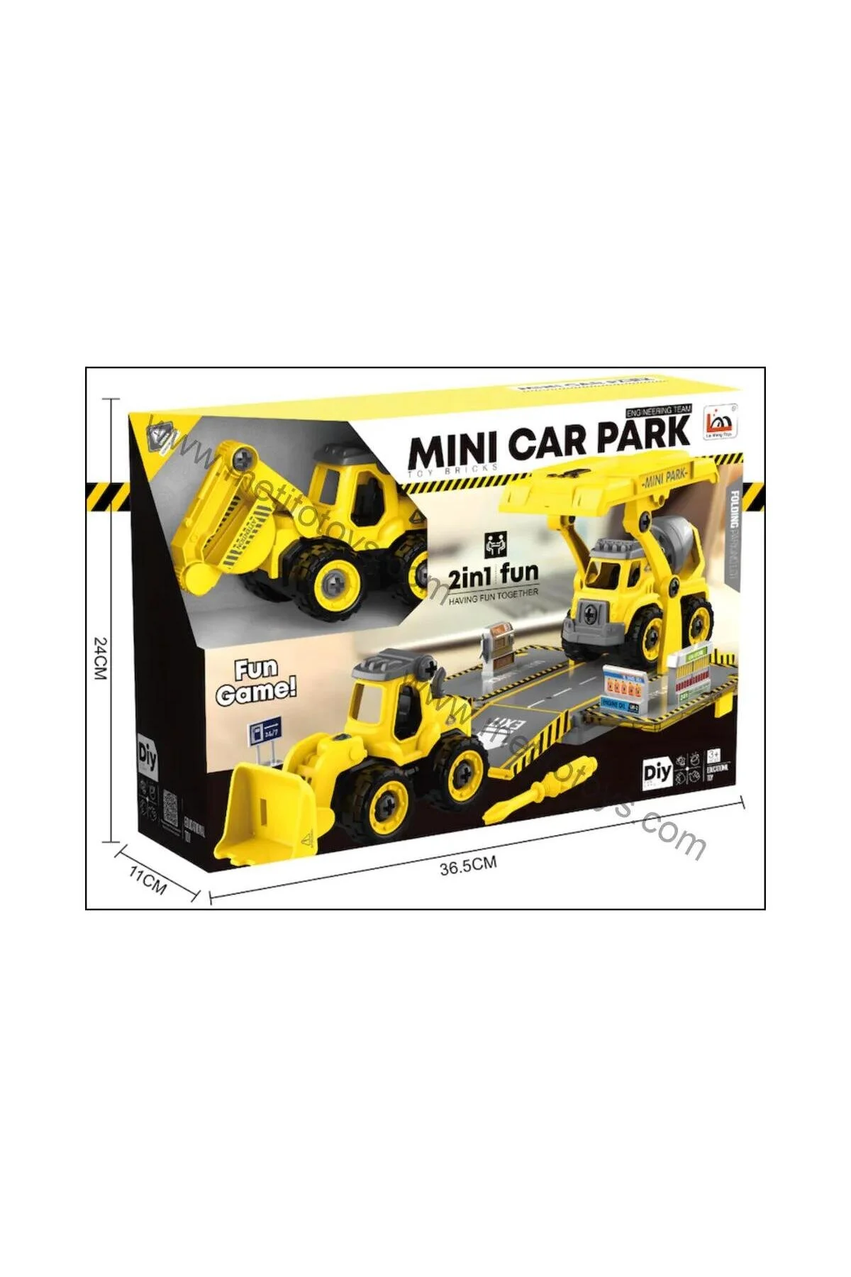 Metito Toys Sök-tak Otopark Seti, 70+ Parça, 2 Araç + 1 Otopark, Kancalı İş Makinesi Ve Vinçli, 3+ Yaş Hardal Sarısı