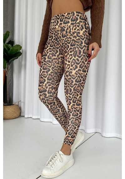 Mine Tan Butik Leopar Desen İçi Şardonlu Kadın Toparlayıcı Tayt - Sarı Sarı