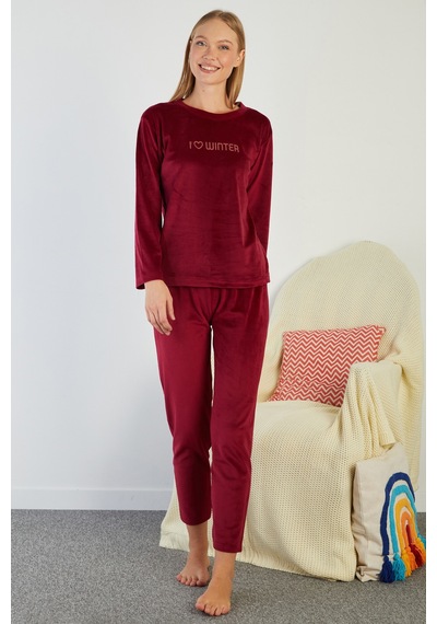 Fullamoda I Love Winter Kabartma Baskılı Kadife Pijama Takımı Bordo