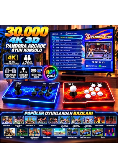30.000 Oyunlu 4k 3d Rgb Pandora Arcade Oyun Konsolu 2 Kişilik Ayrılabilir Çift Panel Hdmı Vga