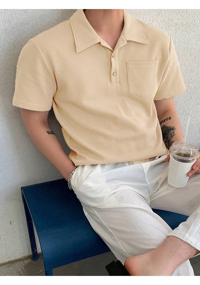 Genius Store Erkek Oversize Polo Yaka Waffle T-shirt Poloyaka-düğmeli Bej