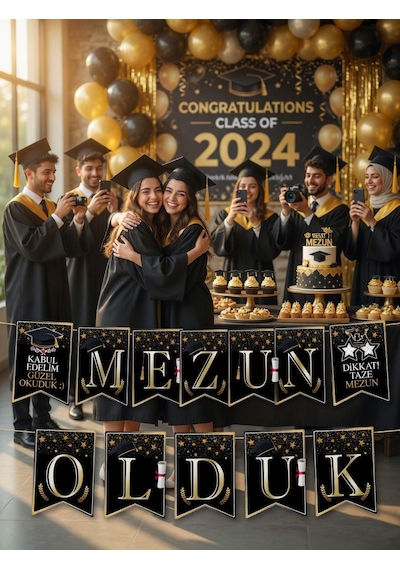 Mezun Olduk Mezuniyet Banner Siyah Gold Parti Süsü Dekorasyon Afişi Diğer