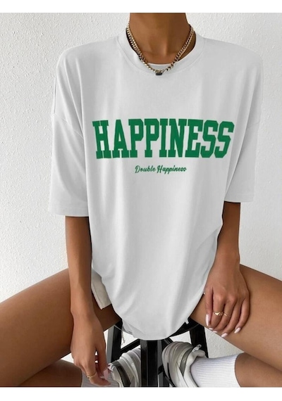 Noıssey Chulchan Shop Happiness Baskılı Beyaz Oversize T-shirt