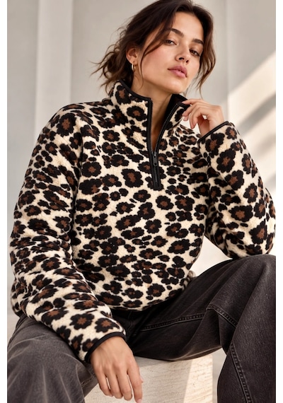 Bbbutikbasic Dik Yaka Yarım Fermuarlı Desenli Polar Sweatshirt My3535 Siyah Leopar