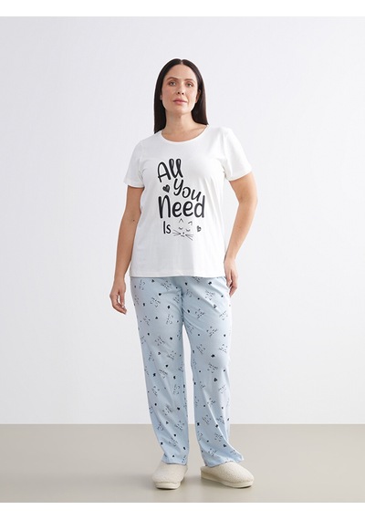 Lcw Dream Mavi Büyük Beden Bisiklet Yaka Baskılı Kadın Pijama Takımı