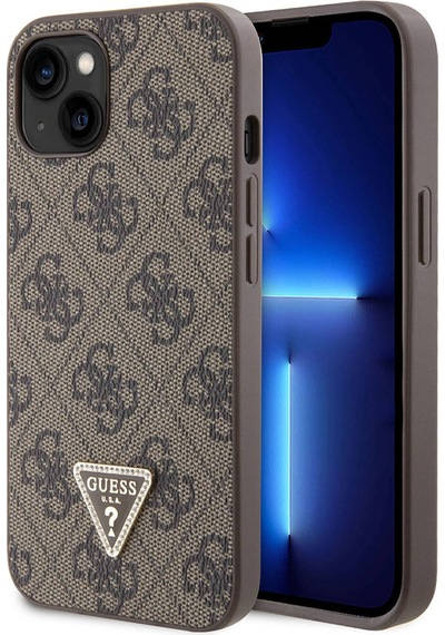 Apple Uyumlu iPhone 14 Kılıf Guess Lisanslı Pu Deri Taşlı Üçgen Logo 4g Desenli Kapak Kahverengi Kahverengi