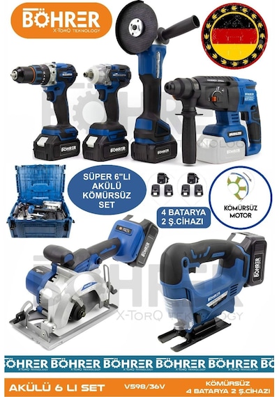Böhrer Alman 4506M 4 Akülü 2 Şarjlı Kömürsüz V598 5AH Profesyonel 6 Makine Kombo Set Mavi