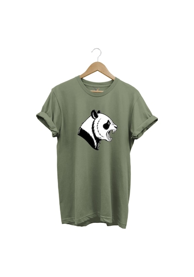 Kızgın Kükreyen Panda Baskılı %100 Pamuk Bisiklet Yaka Regular Fit Haki T-shirt Haki