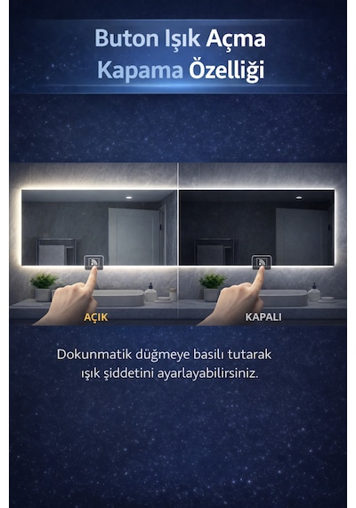 Digital Hayat Buğu Çözücü Dokunmatik Dimlenebilir Dikdörtgen Ayna Mavi Işıklı Led Dekoratif Banyo Makyaj Aynası Yatay Ve Dikey Kullanım Mavi