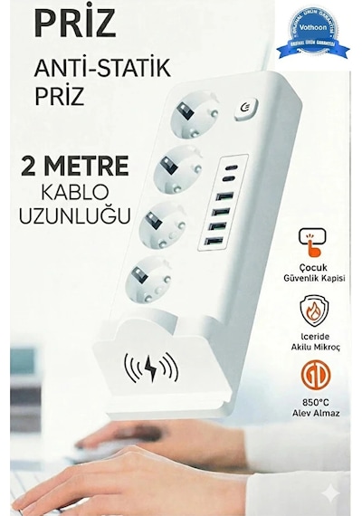 Akım Korumalı Priz Ve Masaüstü Şarj İstasyonu Kablosuz 4 Priz ,4 Usb, 2 Type-c Girişli 2 Metre 2 M