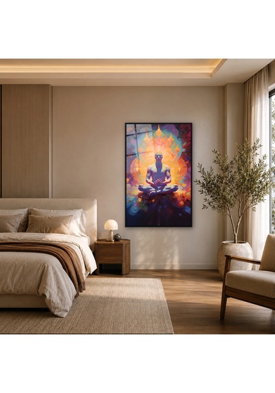 Renkli Aurada Lotus Meditasyonu Siyah Çerçeveli Cam Tablo