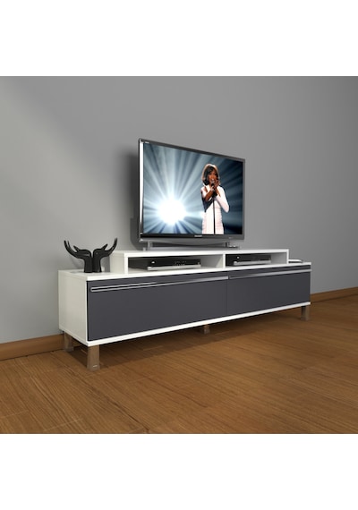Decoraktiv Ekoflex 4 Mdf Krom Ayaklı Tv Ünitesi Tv Sehpası Beyaz - Antrasit