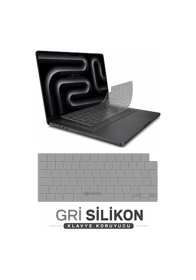 Novstrap Apple Macbook Pro 16 İnç M1/m2/m3 A2485 A2780 A2991 İle Uyumlu Türkçe Q Gri Füme Silikon Klavye Koruyucu Kılıf