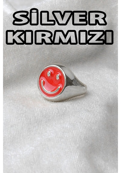 Gümüş Kaplama Kırmızı Renkli Ayarlanabilir Gülen Yüz Surat Smile Yüzük - 2296 Altın