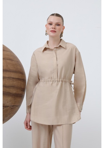 Loreen 20610 Kadın Beli Büzgülü Gizli Patlı Pantolonlu Takım Beige