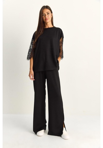 Shade Kadın Kolları Dantelli Oversize Basic T-shirt Beli Lastikli Bol Pantolon Alt-üst Modal Takım 4115 60286085 - Siyah