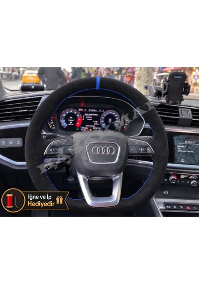 Audi Q3 Dikme Direksiyon Kılıfı Full Alcantara Süet Mavi Yüzük Ve Mavi Dikiş 2018-2026 Siyah