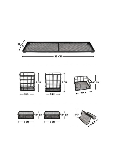 Temel Siyah Metal Mesh Modüler Masaüstü Organizer Seti 7 Parça 38x10 Cm 9515b