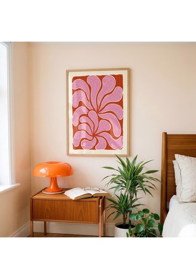 Pembe Paslı Girdap Baskılı Soyut Botanik Duvar Sanatı, Çiçek Yaprağı Desenli Poster, Turuncu Oturma Odası Dekorasyonu