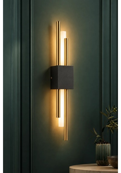 Premıum Modern Siyah Gold Çift Borulu Led Aplik 3w Dekoratif Duvar Aydınlatması 50 Cm