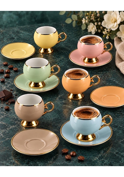 Valkyrie Pastelia Serisi 12 Parça 6 Kişilik Pastel Renkli Gold Ayaklı Türk Kahvesi Fincan Takımı çok renkli
